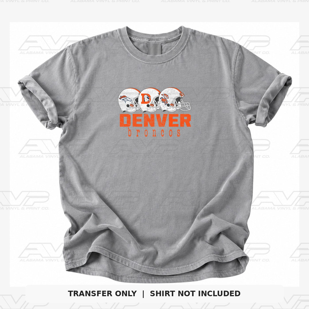 Denver Broncos Helmets — gray shirt mockup; transfer only, shirt not included