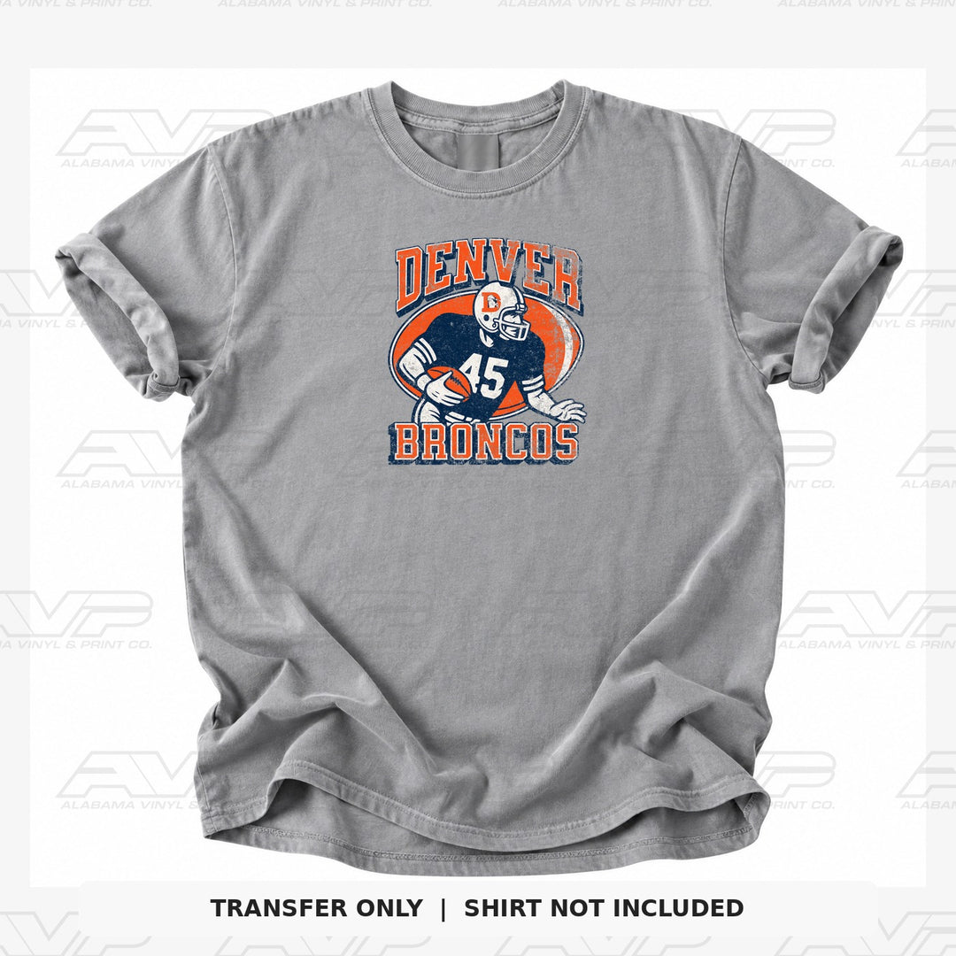 Denver Broncos Old School — gray shirt mockup; transfer only, shirt not included