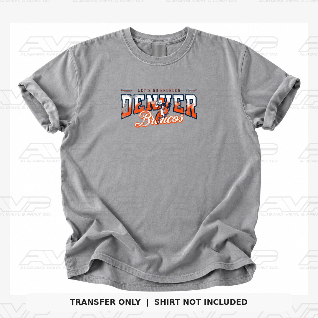 Denver Broncos — gray shirt mockup; transfer only, shirt not included