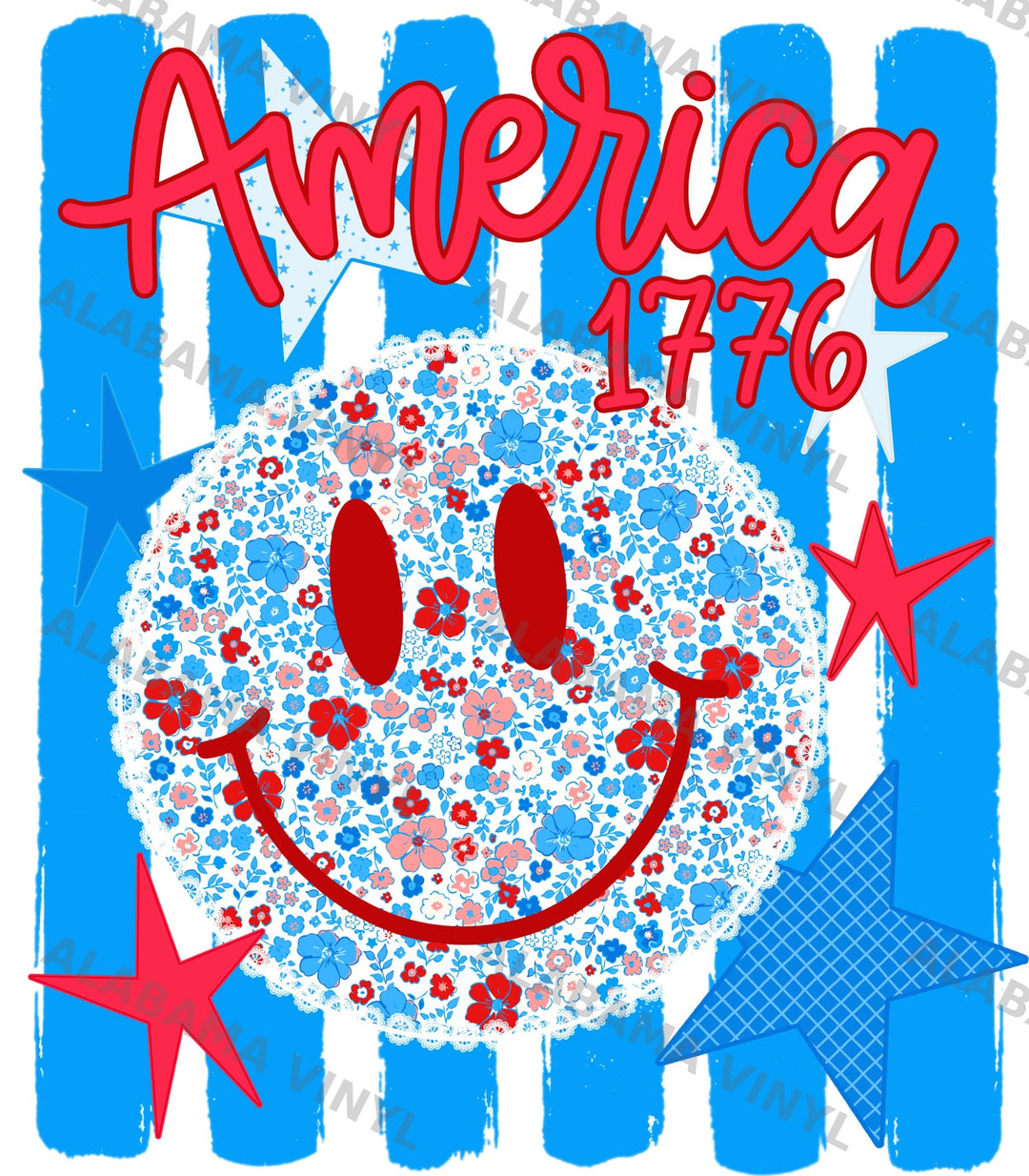 America 1776 Floral Smiley - Ready-to-Press DTF Transfer Alabama Vinyl