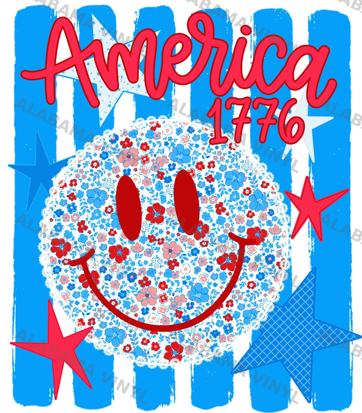 America 1776 Floral Smiley - Ready-to-Press DTF Transfer Alabama Vinyl